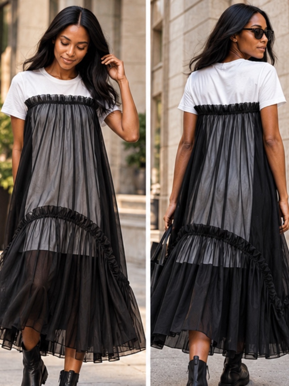 Madonna & Co. | Avant-Garde Sheer Black Tulle with White T-Shirt Dress